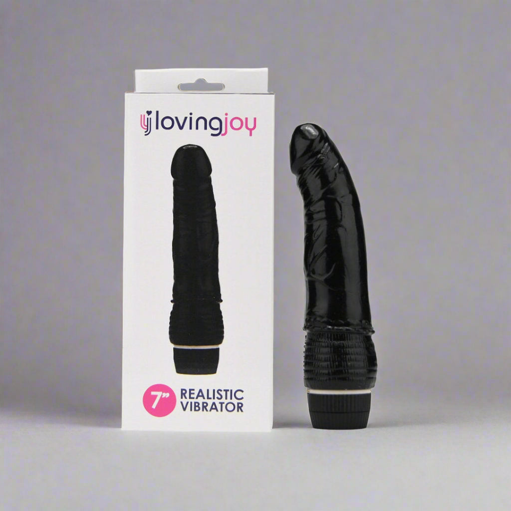 Black vibrator with 'lovingjoy' packaging on a white background