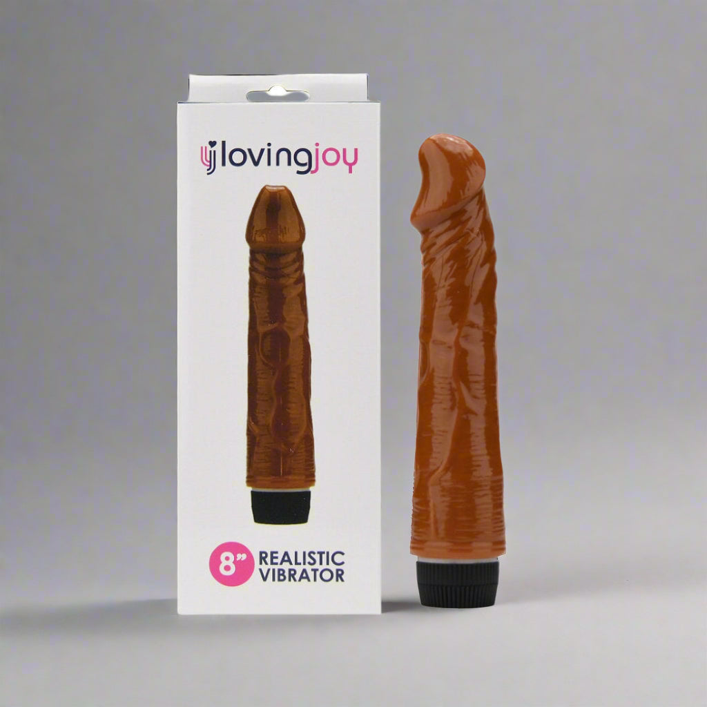 Brown vibrator with packaging displaying 'lovingjoy' brand on a white background