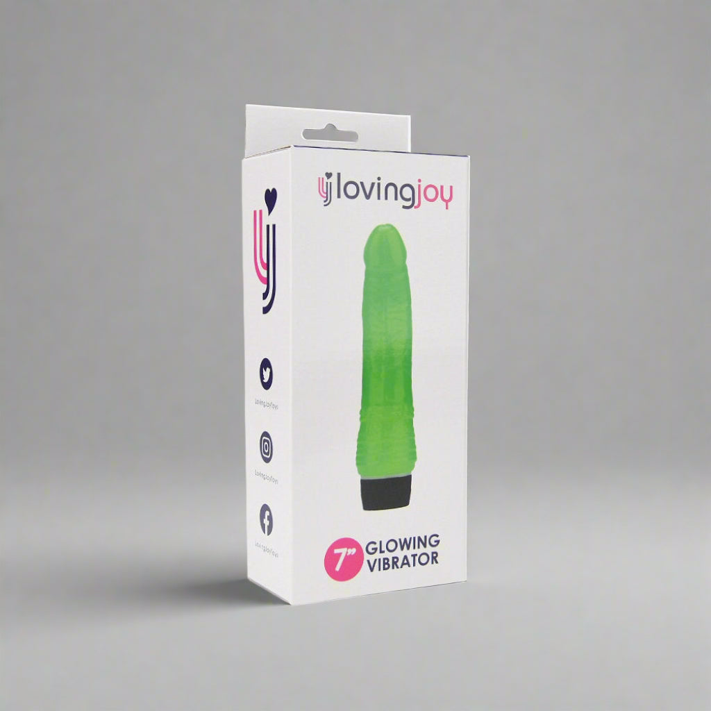 Loving Joy glowing vibrator packaging with green vibrator on a white background