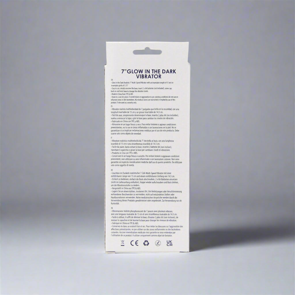 Package of a 'Glow in the Dark Vibrator' with text on a white background