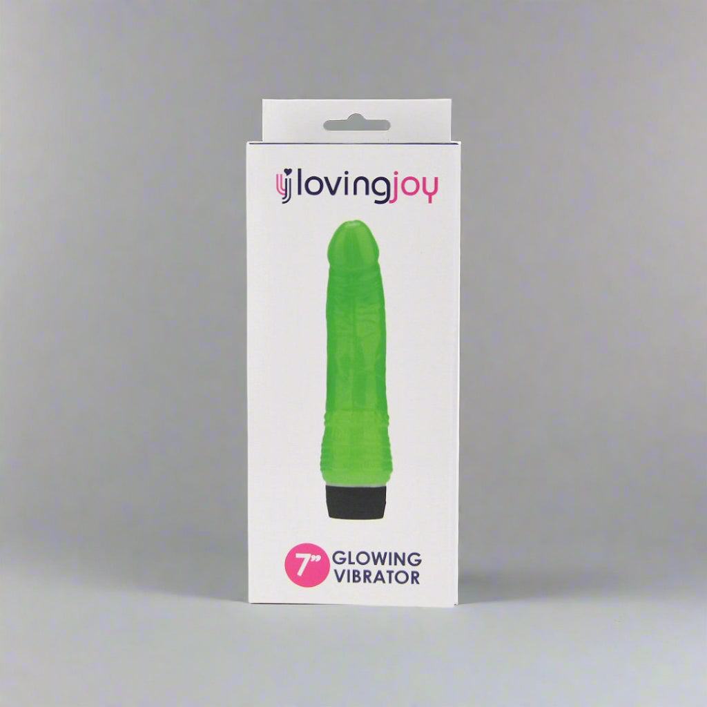 Green vibrator in a white box with 'loving joy' branding on a white background