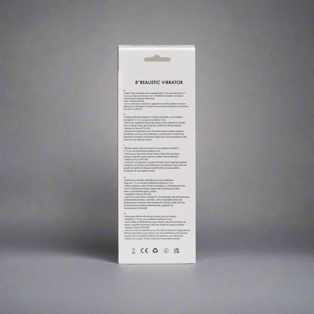 Back view of a white packaging with text on a white background