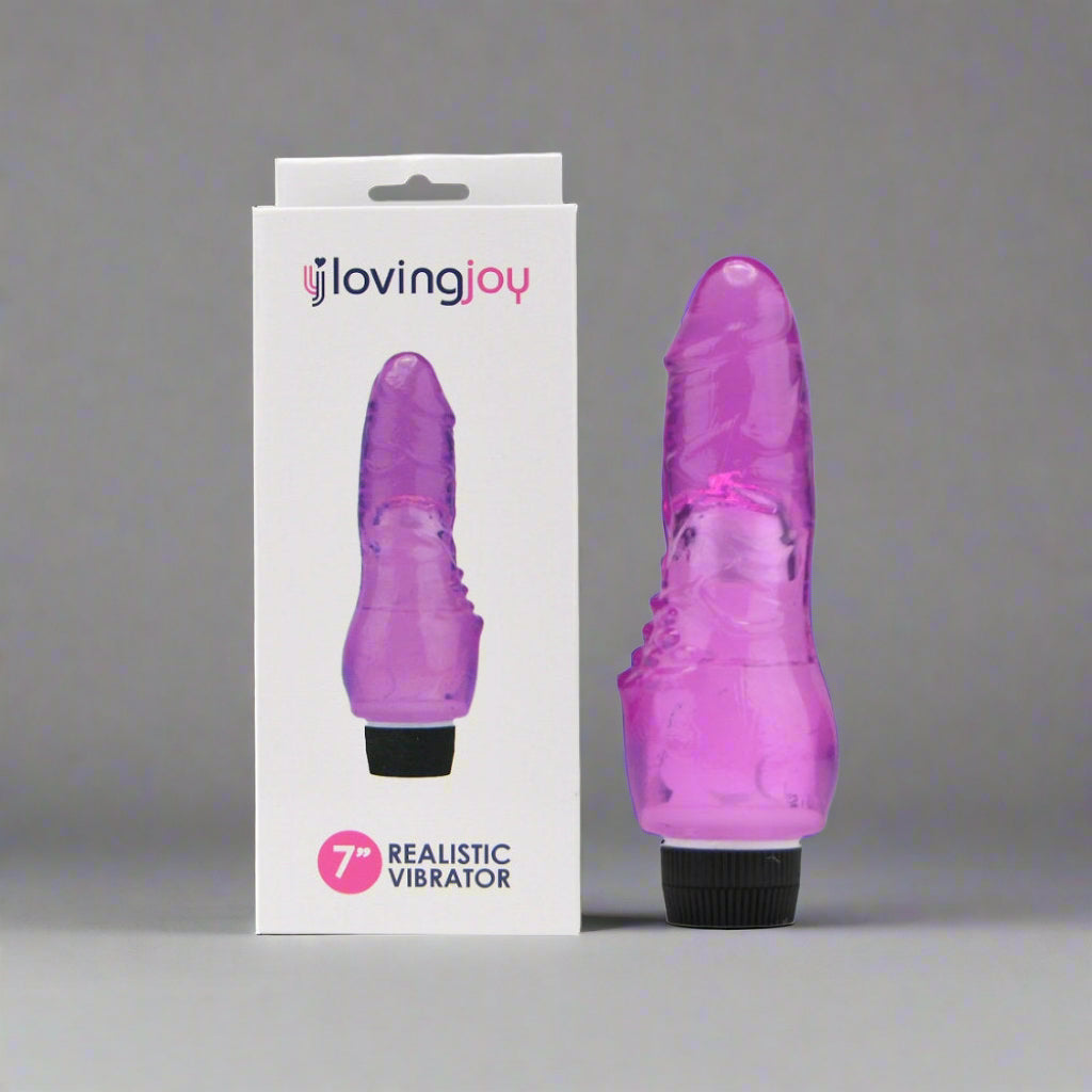 Purple vibrator with 'lovingjoy' packaging on a white background