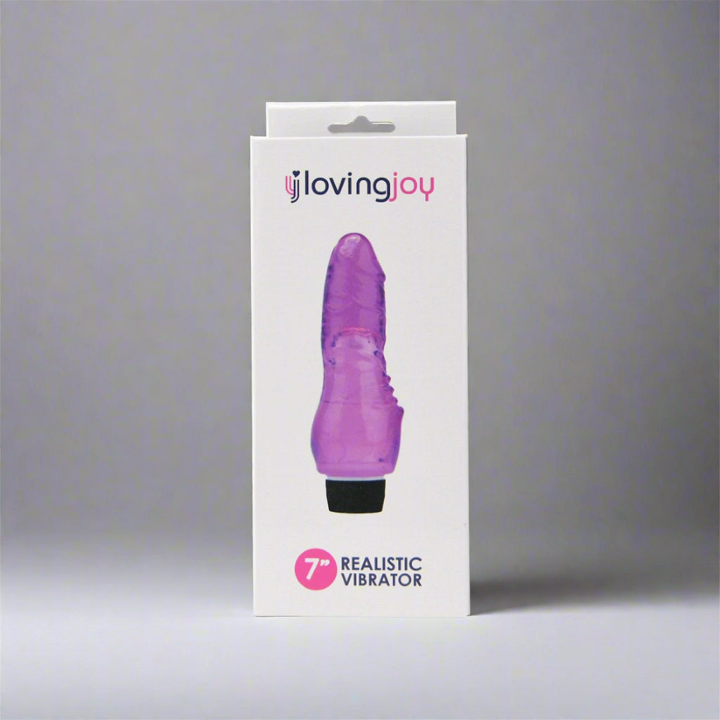 Purple vibrator in a white box with 'loving joy' branding on a white background