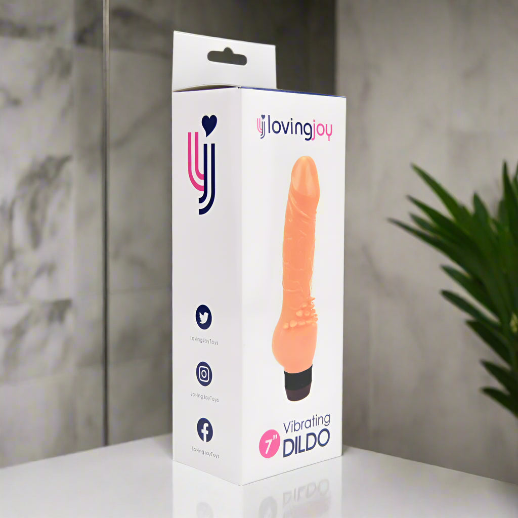 Loving Joy vibrating dildo packaging on a white background