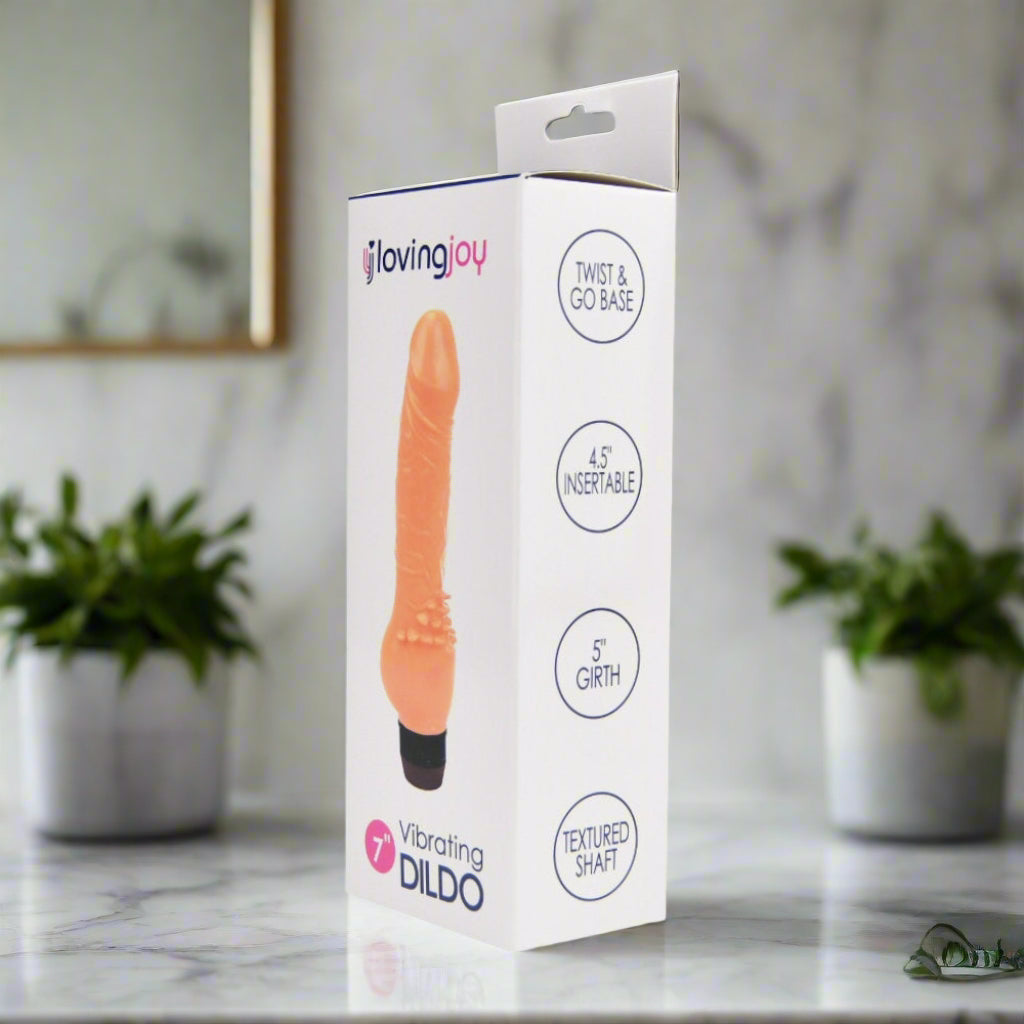 LovingJoy vibrating dildo packaging on a white background