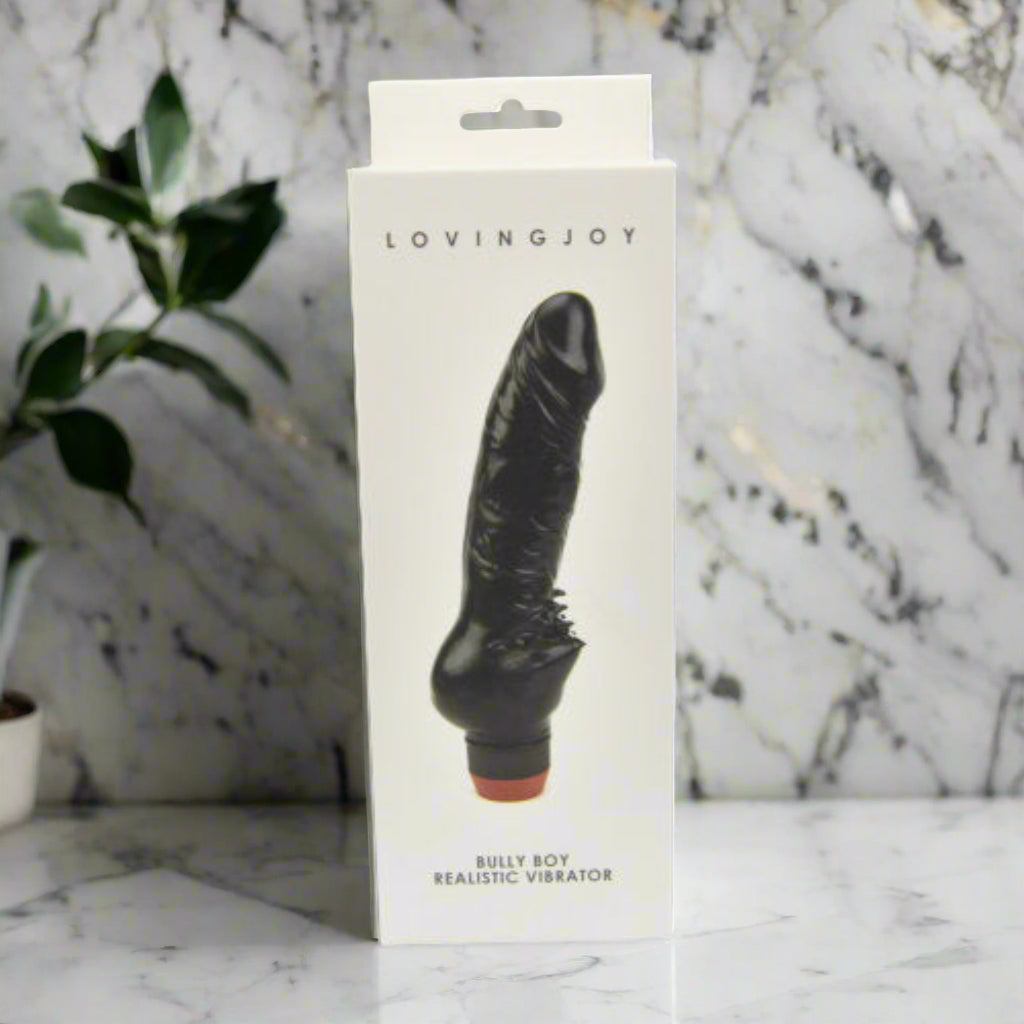 Black realistic vibrator in a white box with 'LovingJoy' branding on a white background