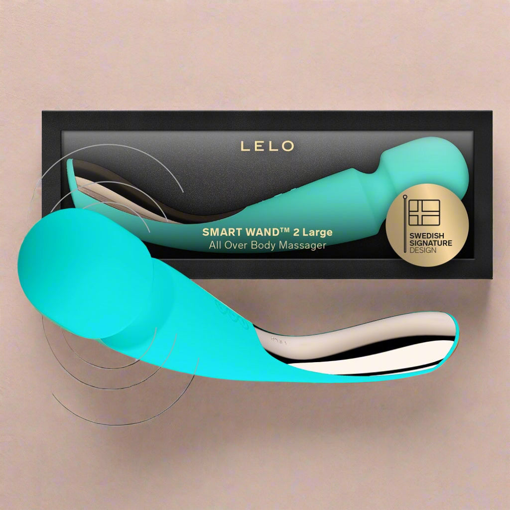 Turquoise 'Smart Wand' 2 Large all over body massager with Lelo branding on a white background