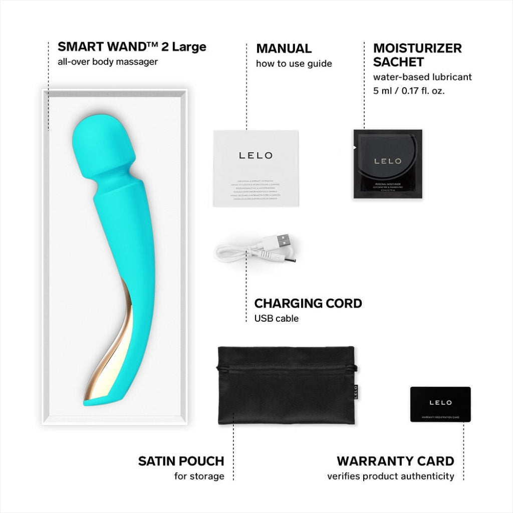 Teal smart wand with packaging and accessories on a white background