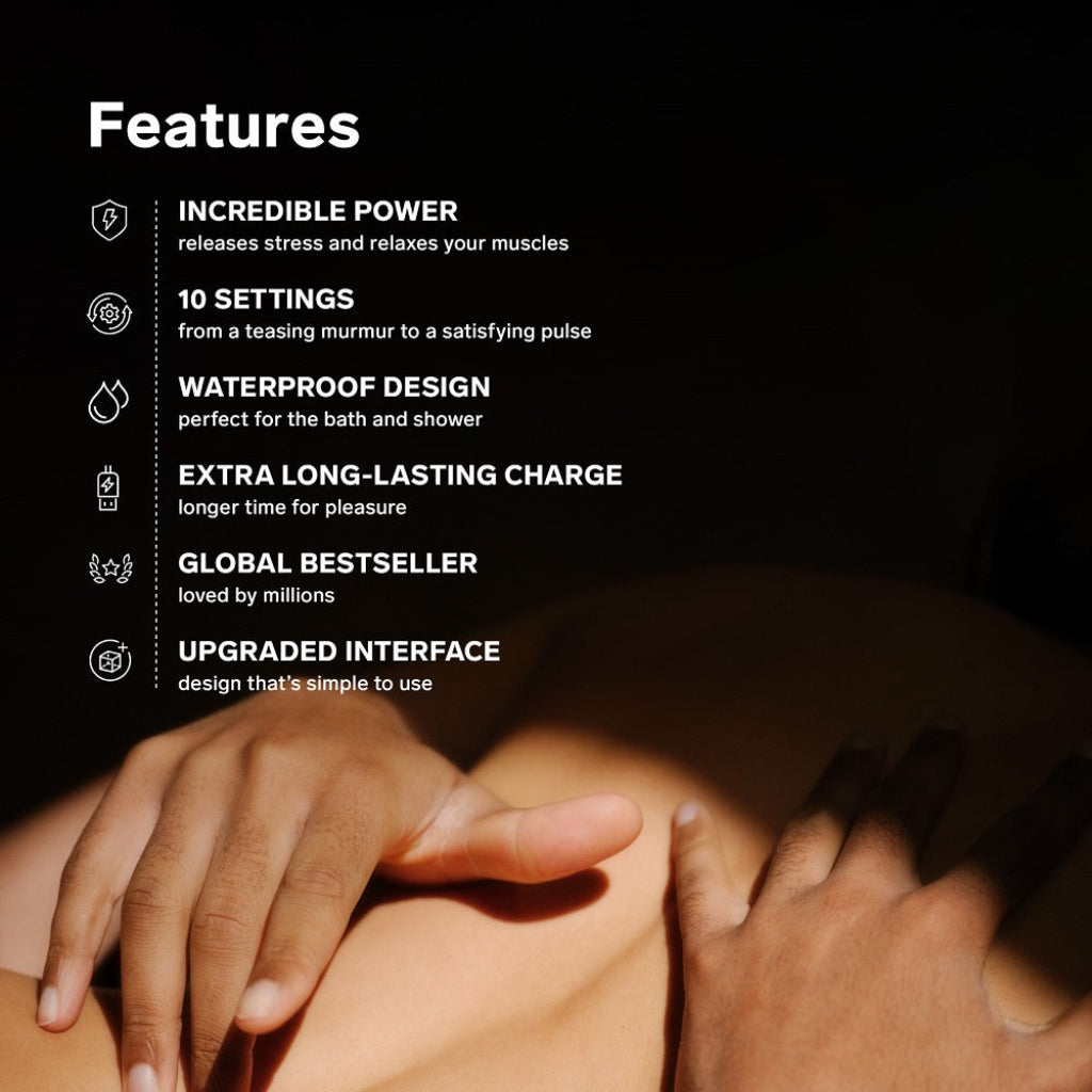 Product features listed on a black background with hands in the foreground.