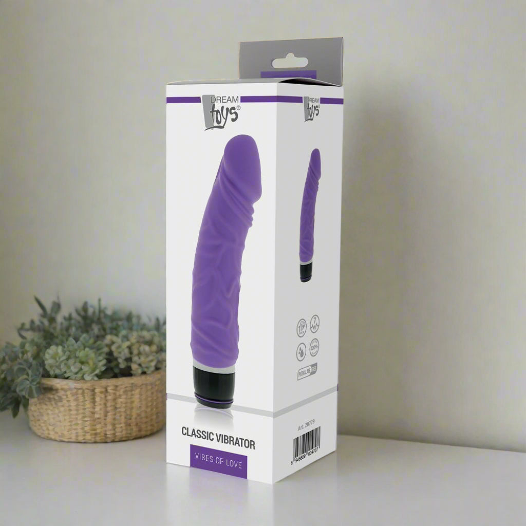 Purple classic vibrator packaging on a white background