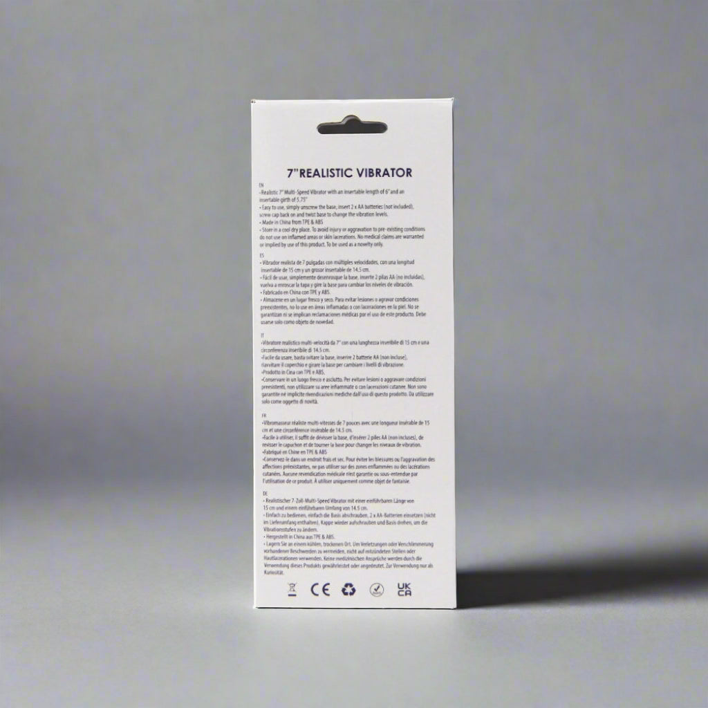 Package of a 7-inch realistic vibrator with text on a white background