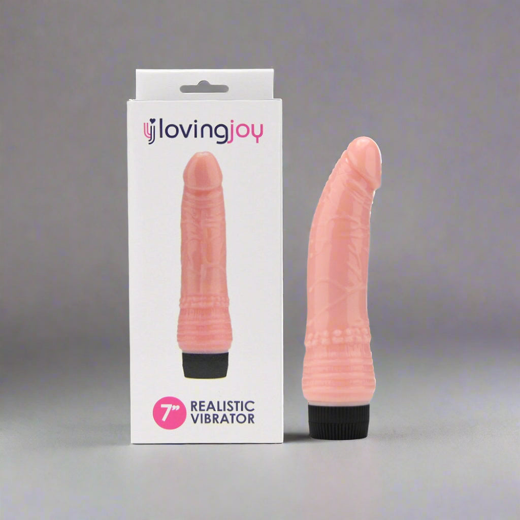 Pink realistic vibrator with 'lovingjoy' packaging on a white background