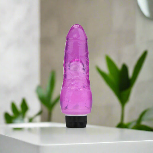 Purple cylindrical object with black base on a white background