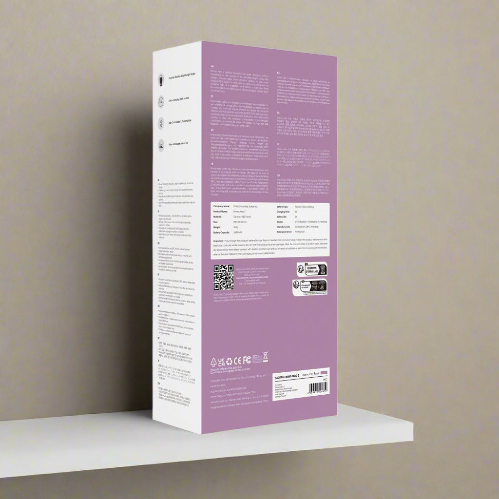Product packaging with purple and white design on a white background