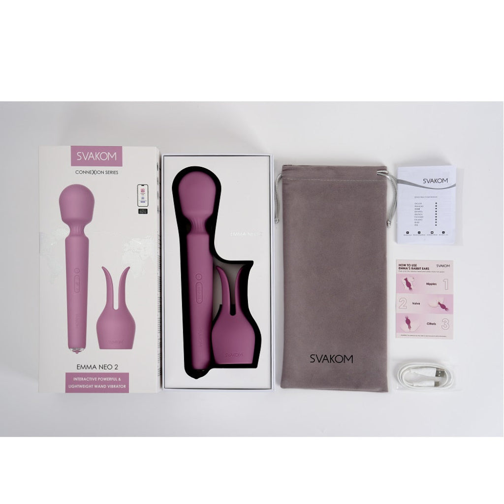 Svakom product set including a purple device, packaging, and accessories on a white background
