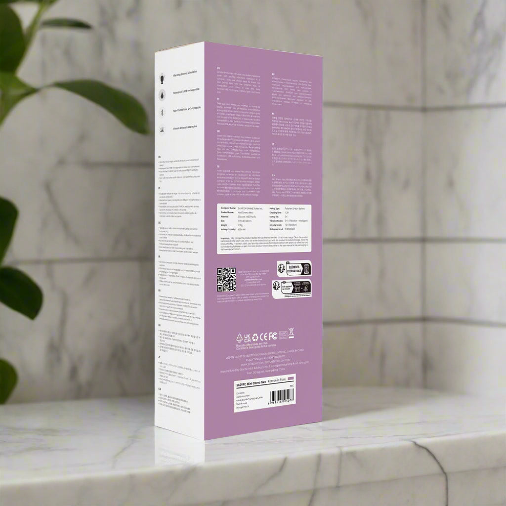 Product packaging with purple and white design on a white background