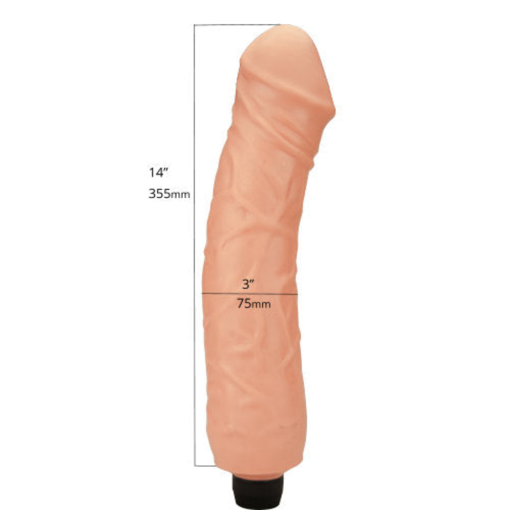Measurement chart of a peach-coloured vibrator with dimensions labelled on a white background